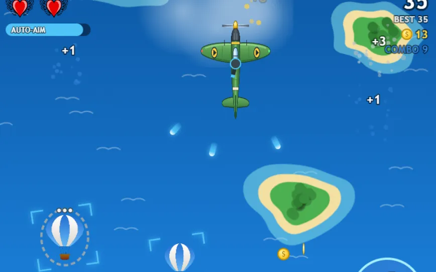 Plane Game: a fighter plane shooting at balloons over the sea